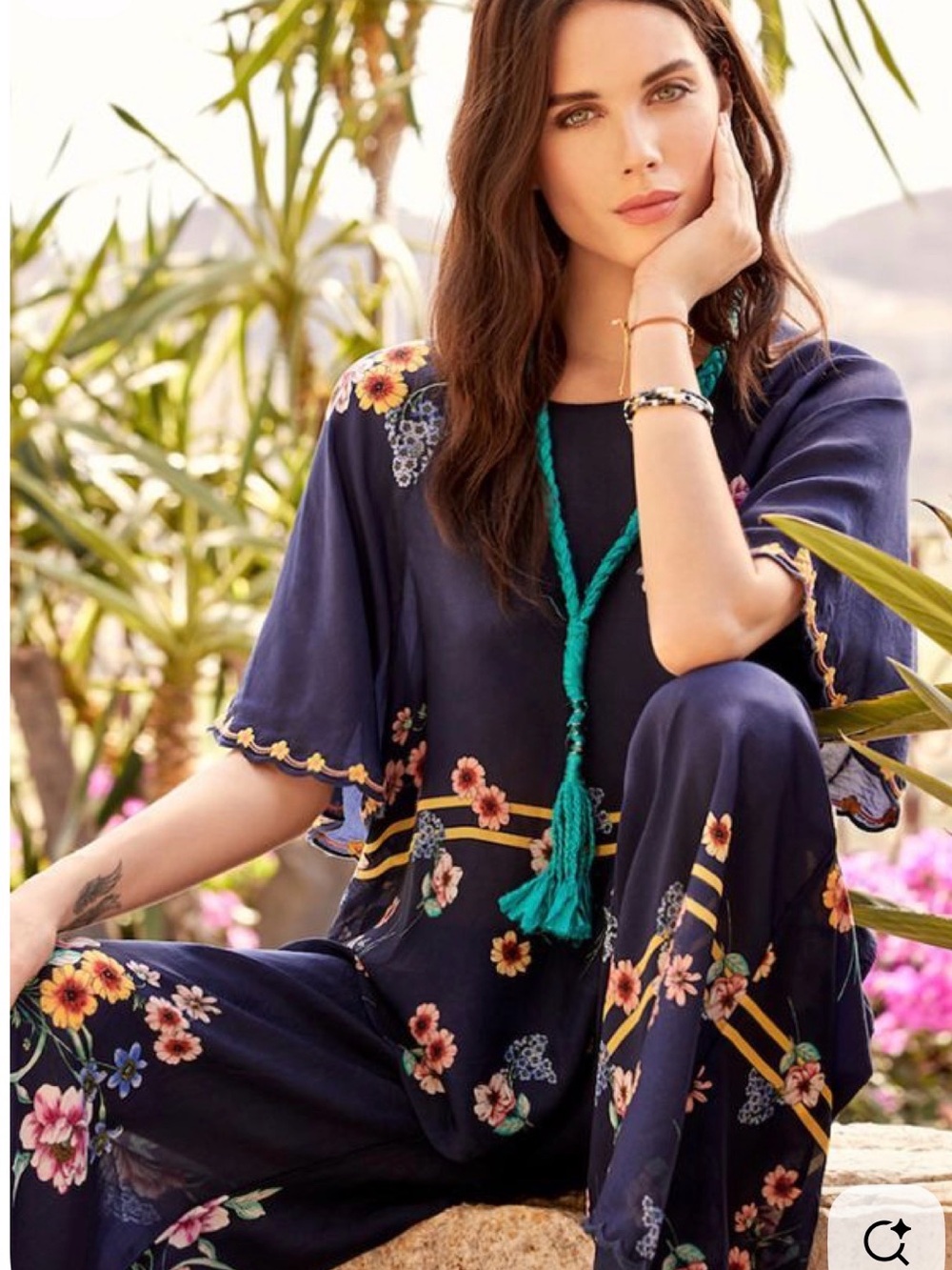 JOHNNY WAS Mariah Top & Pants! 2 piece Set! Navy Blue Print with Embroidery XXL